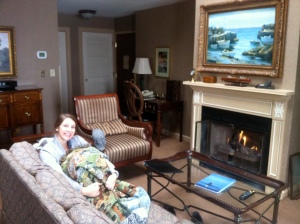 Back in our room, bundled and enjoying the fire